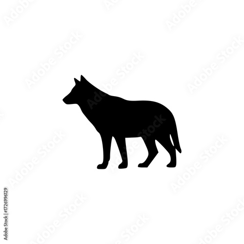 A black silhouette of a wild canine, possibly a wolf or coyote, sniffing the ground on a white background.