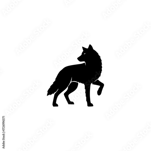 A black silhouette of a wild canine, possibly a wolf or coyote, sniffing the ground on a white background.
