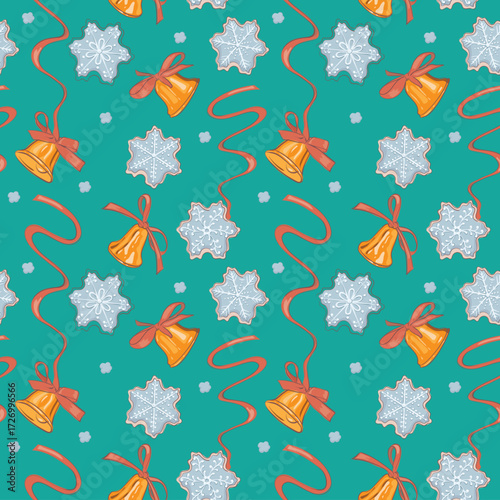 A Christmas pattern featuring snowflakes, bows, ribbons and jingle bells. A winter background with New Year symbols. Suitable for banners, backdrops, packaging, cards, fabric, and textiles.