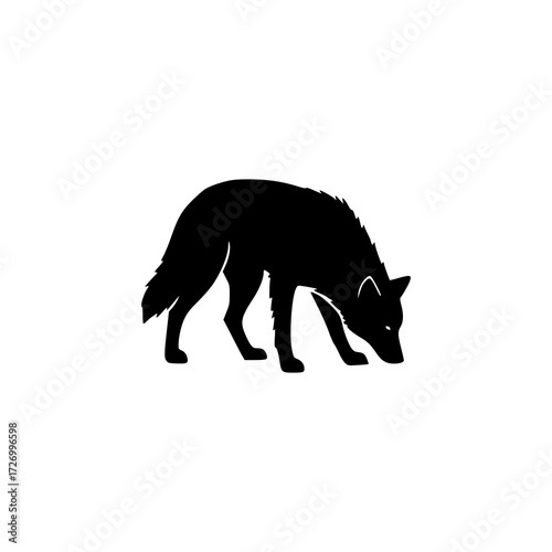 A black silhouette of a wild canine, possibly a wolf or coyote, sniffing the ground on a white background.
