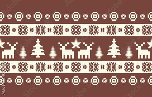 Seamless Christmas pixel pattern vector in retro 8-bit style, featuring festive holiday motifs. Perfect for Christmas wrapping paper, sweaters, greeting cards, backgrounds, and textile design.
