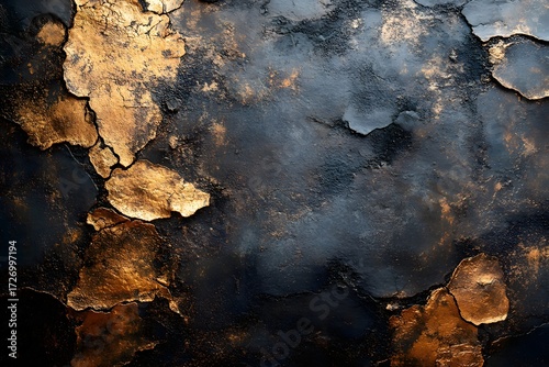 A close up view of a dark abstract painting with gold accents and cracked texture design art