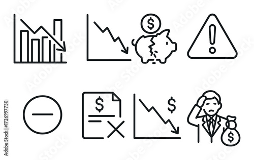Economic decline symbols: downward graphs, falling piggy bank, warning and debt