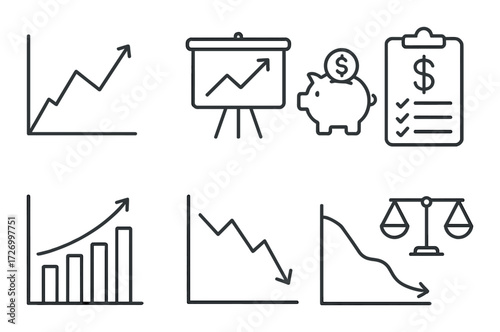 Economic growth and decline icons on gradient background