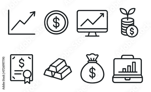 Financial growth icons set featuring graphs, coins, computer, plant, certificate, gold bars, money bag, portfolio