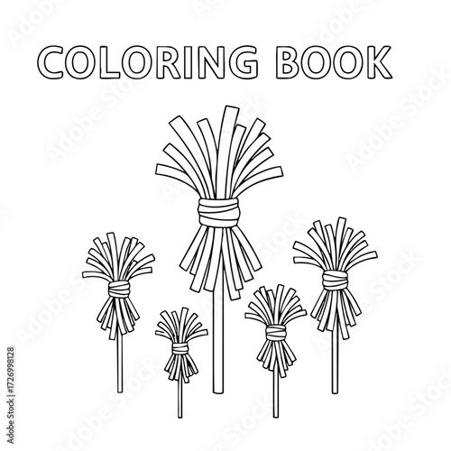 A creative coloring book design featuring various stylized broom-like objects with intricate details and patterns.