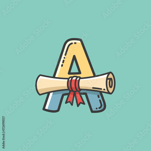 Stylized letter A with a graduation diploma scroll icon on a teal background, representing education and achievement.