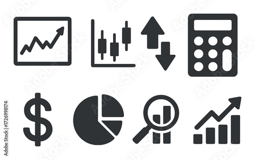 Financial icons: graphs, charts, calculator, dollar sign, and magnifying glass on metal background