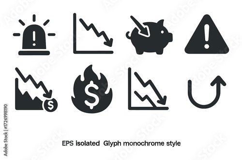 Set of monochrome crisis icons representing financial crisis and risk warnings