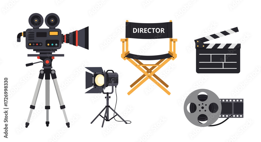 Obraz premium Capture the magic of filmmaking with this collection of vector illustrations, featuring a classic film camera, director's chair, clapperboard, and more! Perfect for cinematic projects