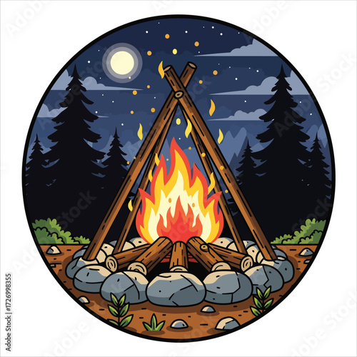Moonlit Campfire Badge — Night Forest