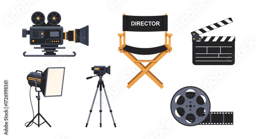 Film production essentials vector set Includes a vintage camera, director's chair, clapboard, studio lighting, tripod, and film reel, perfect for filmmaking and cinema projects