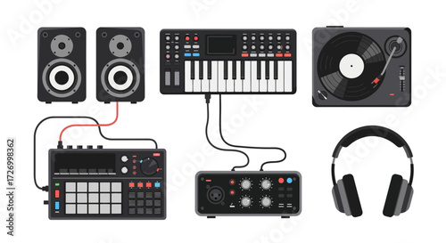 A comprehensive illustration of audio production equipment studio monitors, a MIDI keyboard, a turntable, headphones, a sampler, and an amplifier, perfect for music creation