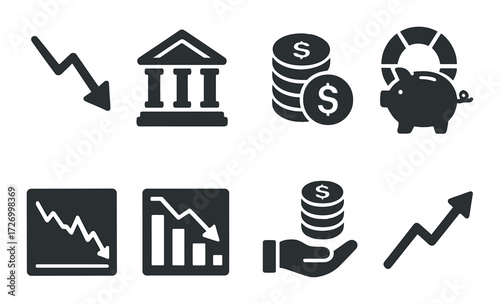 Black and gray financial icons on grayscale background representing banking and economics