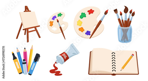 Collection of artist's tools easel, palette with paints, paintbrushes in a glass, pencils, markers, tube with oil paint, sketchbook and pencil