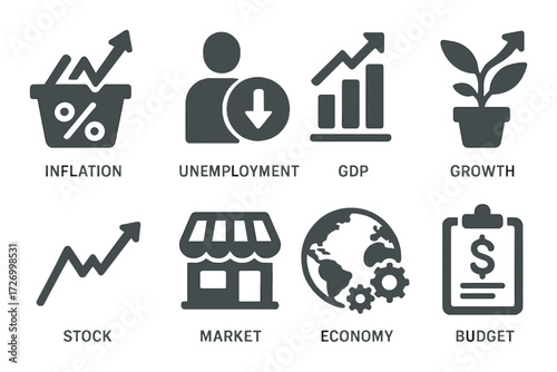 Economic indicators icons highlighting inflation, unemployment, gdp, growth, stock, market, economy, and budget