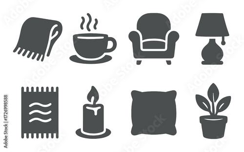 Cozy home icons set featuring blanket, coffee, armchair, lamp, rug, candle, pillow, and plant
