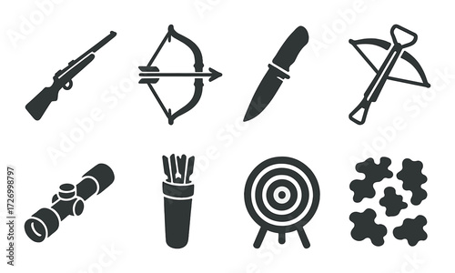Silhouette icons of hunting weapons and gear: rifle, crossbow, knife, target