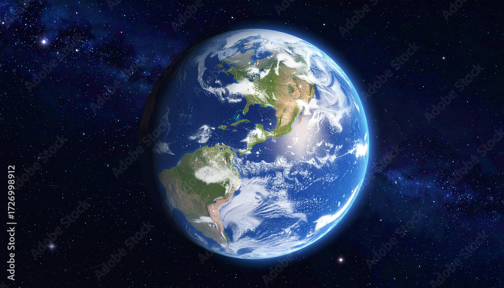 Obraz premium A detailed view of planet Earth, showcasing continents, oceans, and atmospheric clouds in space.