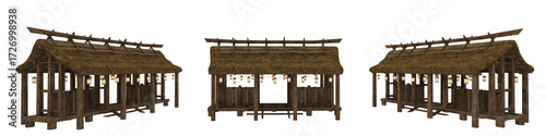 Quadro su tela Isolated 3D rendering of a wooden asian shelter structure