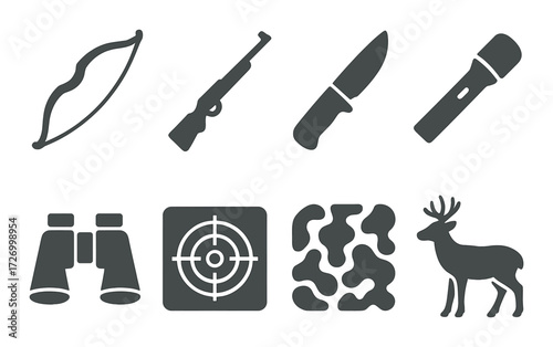 Hunting gear icons: bow, rifle, knife, flashlight, binoculars, target, camouflage, deer