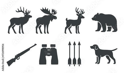 Silhouette icons of wildlife and hunting gear: moose, deer, bear, rifle, binoculars, arrows, dog
