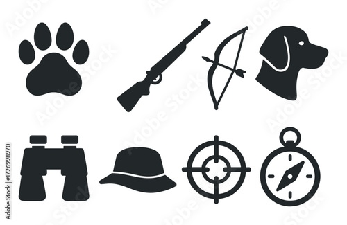 Silhouette icons: hunting gear and wildlife elements on dark background