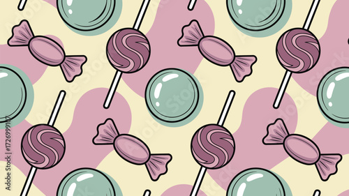 A seamless pattern featuring lollipops wrapped candies and gumballs on a pastel colored background design