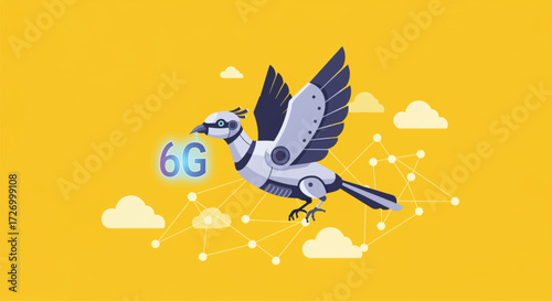 A stylized illustration of a robotic bird soaring through 6G  network of interconnected points against a vibrant yellow background.