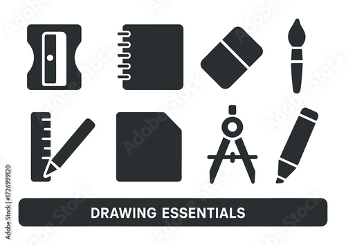 Drawing essentials: pencil, eraser, sharpener, compass, paintbrush, notebook