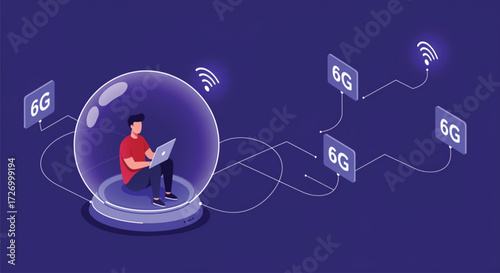 A person sits inside a transparent sphere, working on a laptop, surrounded by lines connecting the sphere to multiple 6G network symbols.