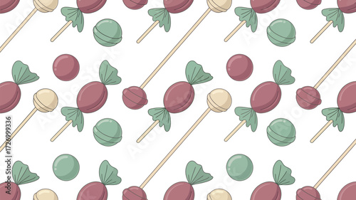 A seamless pattern of assorted candies including lollipops and wrapped sweets on a white background