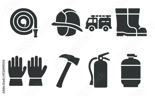 Firefighting equipment icons: hose, helmet, truck, boots, gloves, axe, extinguisher, tank