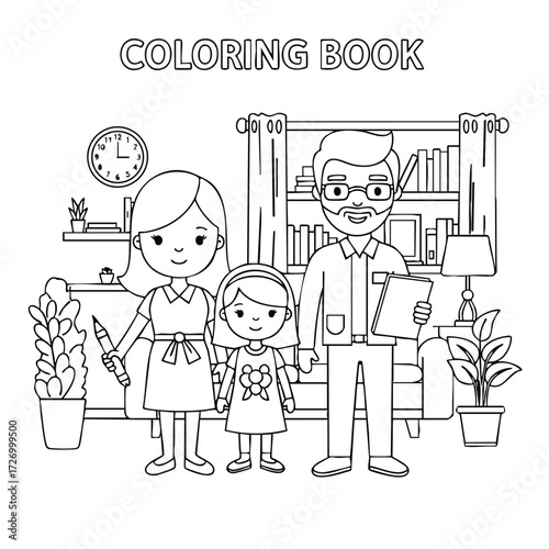 A family of three engages in creative activities at home, surrounded by books and plants in a cozy setting.