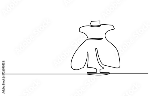 Dummy with dress. One line continuous dummy with dress. Line art fashion dress. Outline vector illustration.