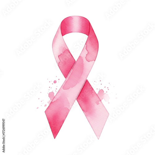 Watercolor pink ribbon with splatters, symbolizing breast cancer awareness and support on a white background.