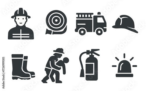 Firefighting icons: firefighter, equipment, rescue, safety, emergency