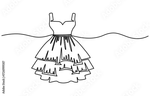 Dummy with dress. One line continuous dummy with dress. Line art fashion dress. Outline vector illustration.