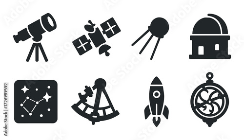 Astronomy icons set: telescope, satellite, observatory, rocket, sextant, constellation