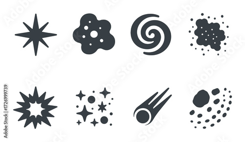 Set of eight cosmic symbols on black background