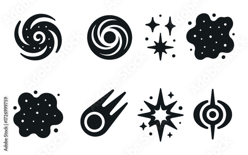 Abstract galactic and cosmic icons in dark monochrome design