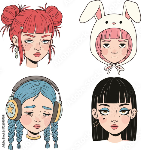 Cute Cartoon Kids Avatar Set in Colorful Circle Backgrounds Vector Illustration