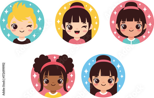 Cute Cartoon Kids Avatar Set in Colorful Circle Backgrounds Vector Illustration