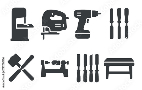 Silhouettes of woodworking tools: bandsaw, jigsaw, drill, chisels, mallet, lathe, workbench