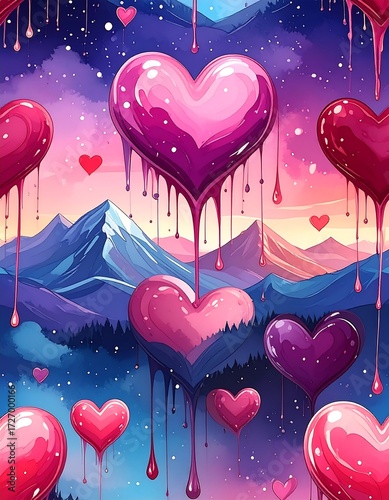 Hearts dripping over a mountain landscape