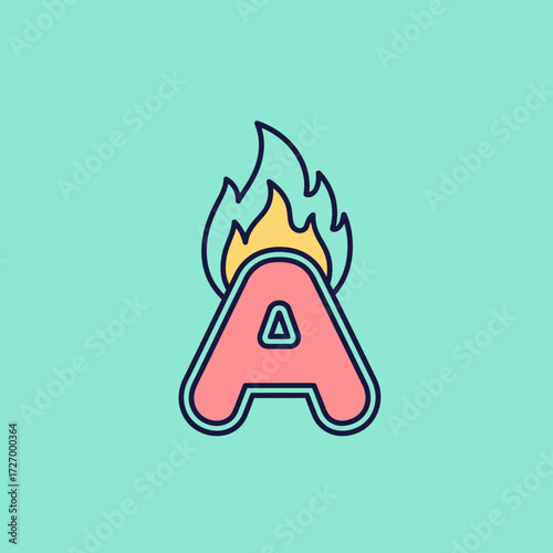 A stylized letter A on fire with flames erupting from the top against a teal background.