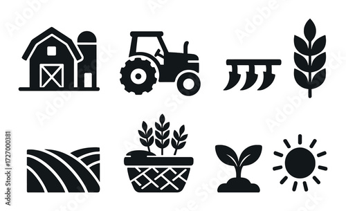 Agricultural icons featuring barn, tractor, wheat, and sun in dark theme