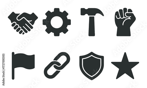 Set of eight black icons: handshake, gear, hammer, fist, flag, link, shield, star