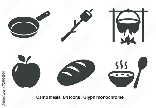Camping essentials: grayscale icons of campfire, pan, marshmallow, pot, apple, bread, soup