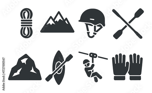 Adventure icons: climbing, kayaking, ziplining accessories set